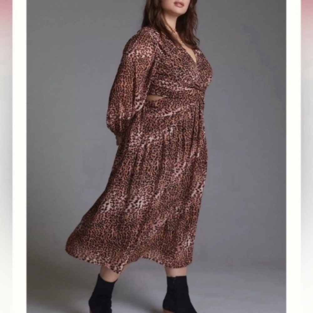 NWT Anthropologie Ranna Gill Printed Cut-Out Midi Dress Large, Animal Print